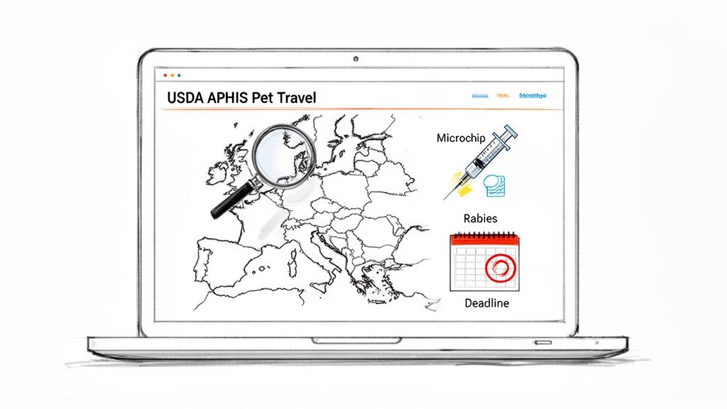 A laptop displays USDA APHIS Pet Travel information with a map of Europe, microchip, rabies, and deadline icons.