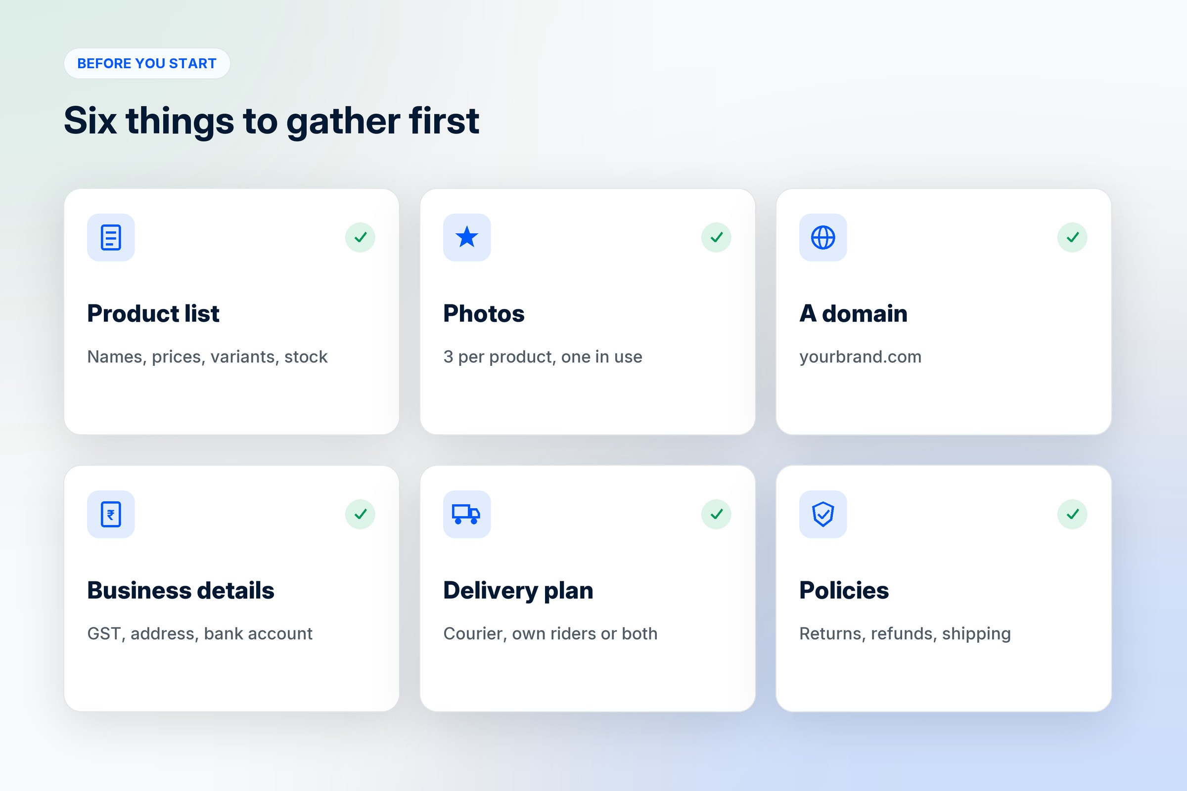 Six things to gather before you build your online store: product list, photos, a domain, business details, a delivery plan and policies