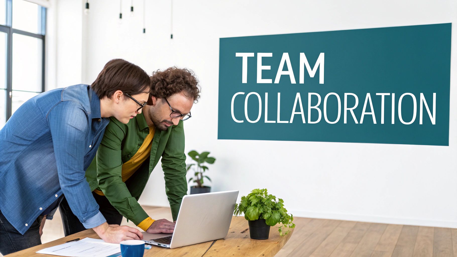 Two colleagues collaborating on a laptop in a modern office with a 'TEAM COLLABORATION' sign.