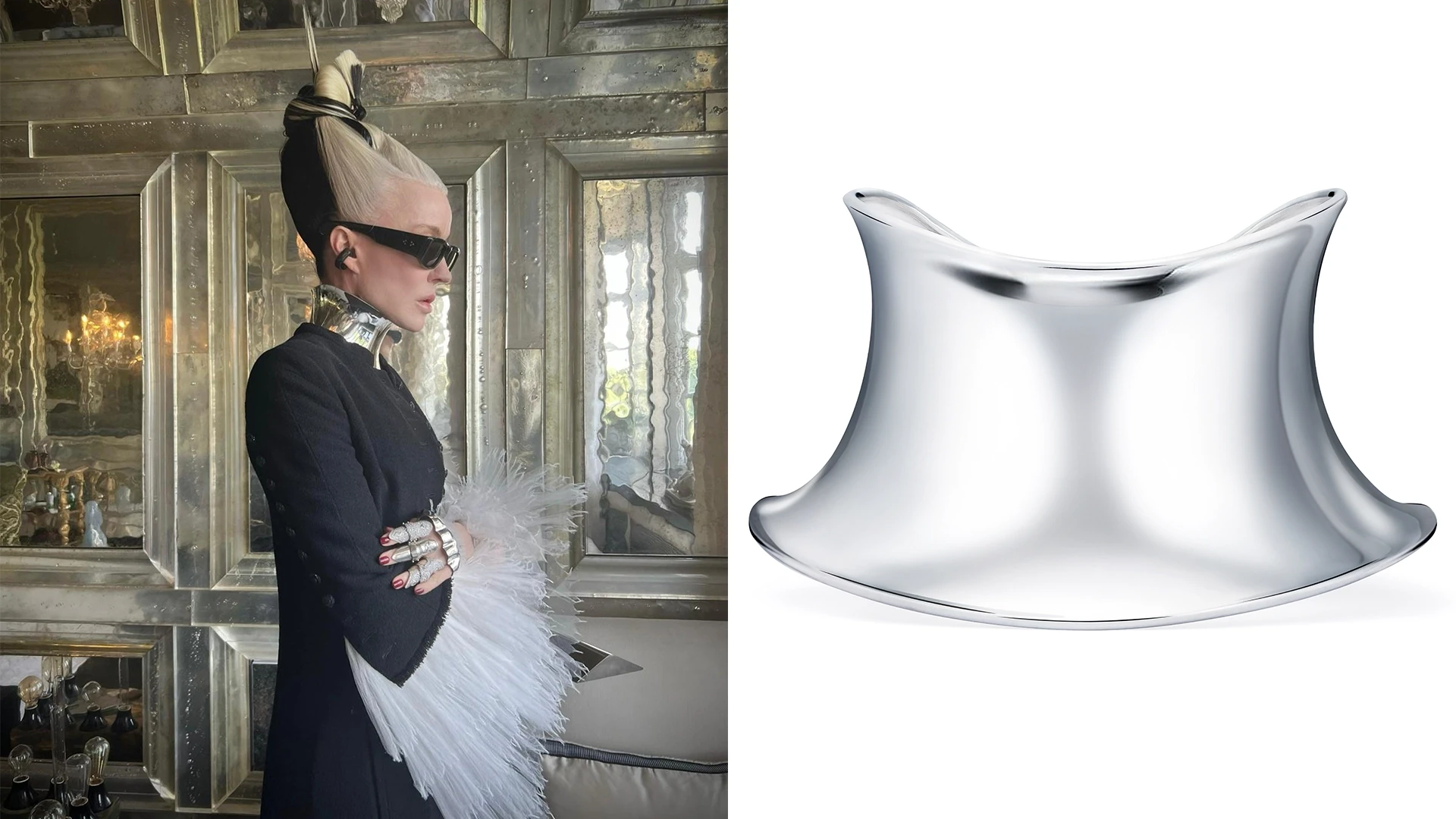 Two-panel display featuring style icon Daphne Guinness in profile wearing a bespoke silver collar and diamond armor rings (left), alongside a studio product shot (right) of the fluid, flared sterling silver neck collar crafted for Shaun Leane's independent 12 atelier.