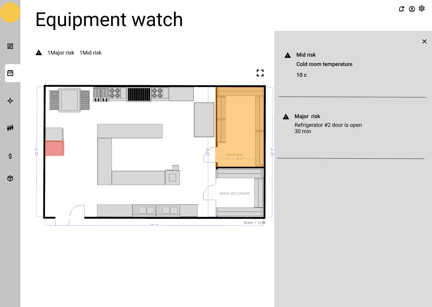 Equipment watch wireframe with a warning panel open on the right, listing issues next to the floor plan.