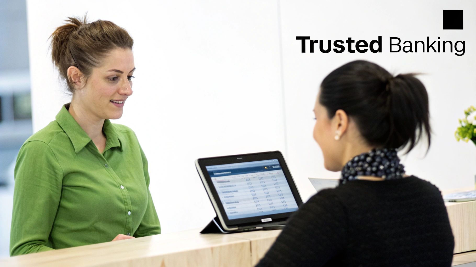 Two women at a bank counter, one smiling at a customer service representative using a tablet.