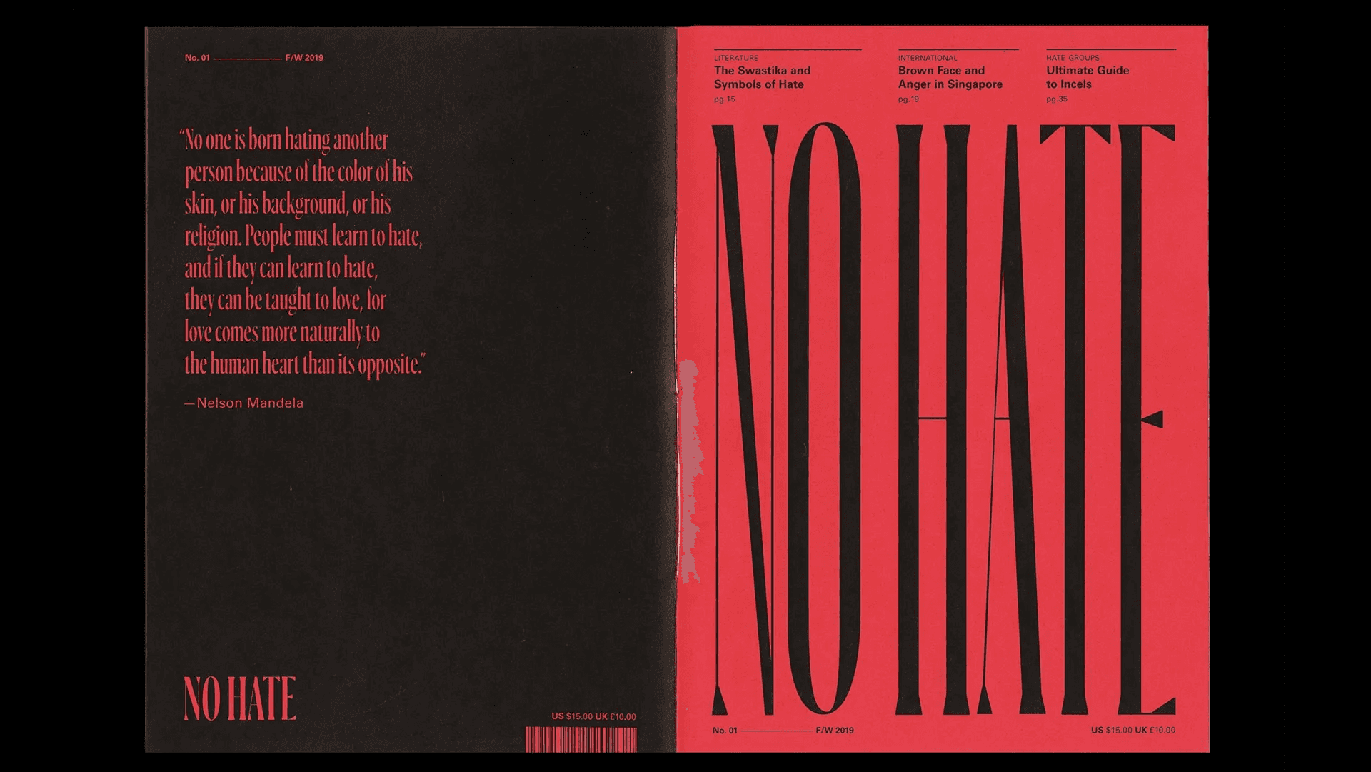 A sample of the magazine "No Hate" designed by Tiffany Pai, featuring a modern and engaging layout with various artistic elements, showcasing the publication's dedication to combating hate through the arts and literature.