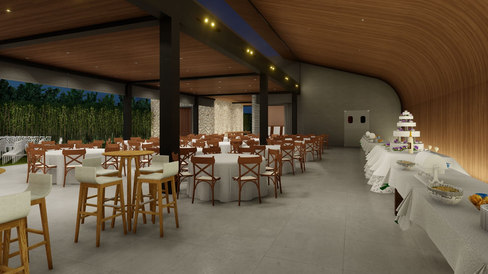 Projeto arquitetônico de casa de festas desenvolvido pela Meraki Arquitetura, com salão principal, forro curvo e claraboia voltada para o sol da manhã.