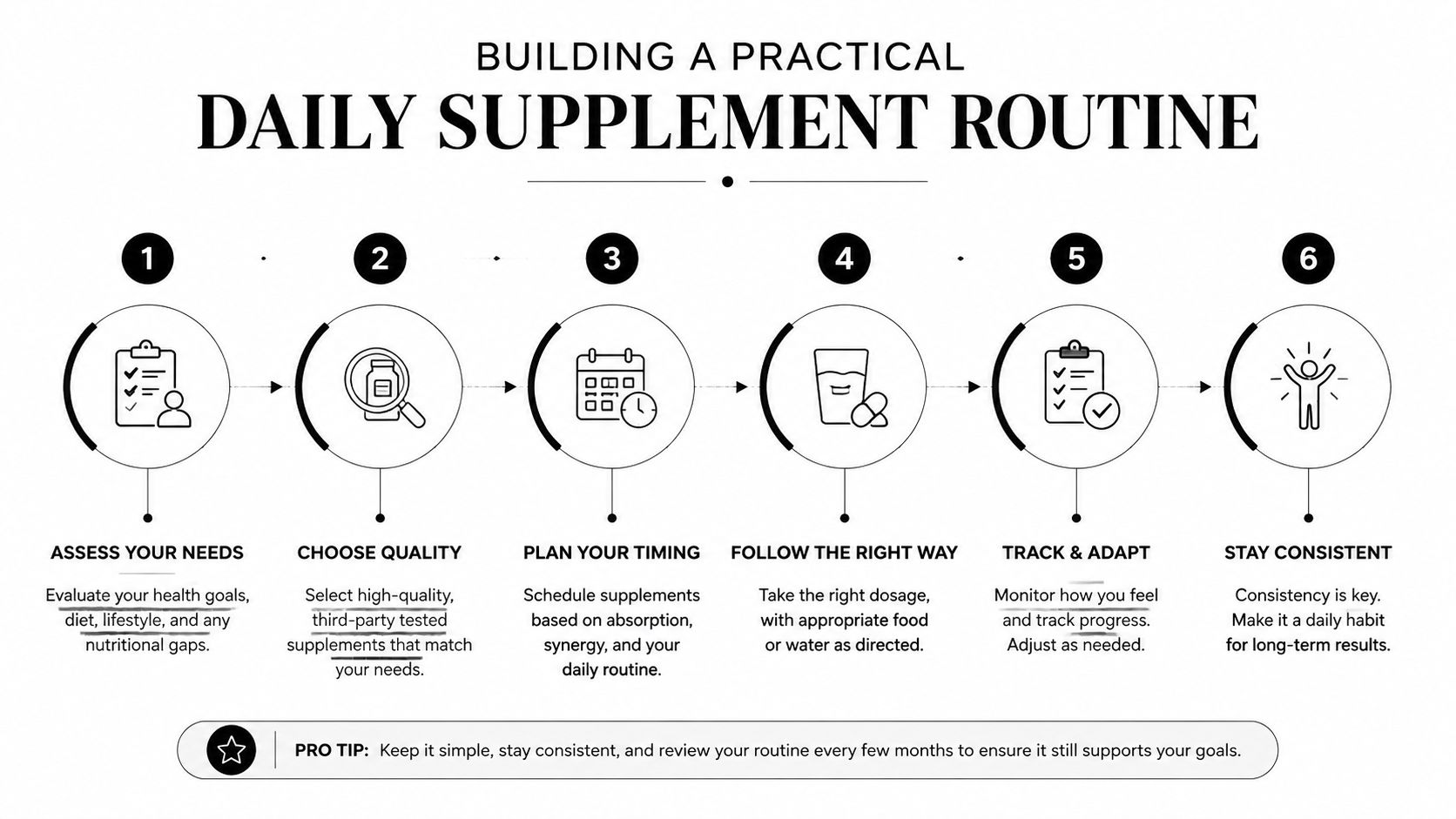 A six-step infographic guide on building a practical daily supplement routine for optimal health and wellness.