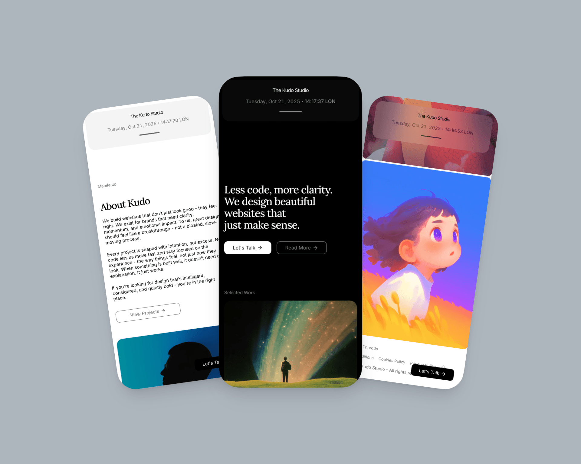Mobile mockup of The Kudo Studio minimalist website design, showcasing clean typography and a no-code web design layout with light and dark modes.