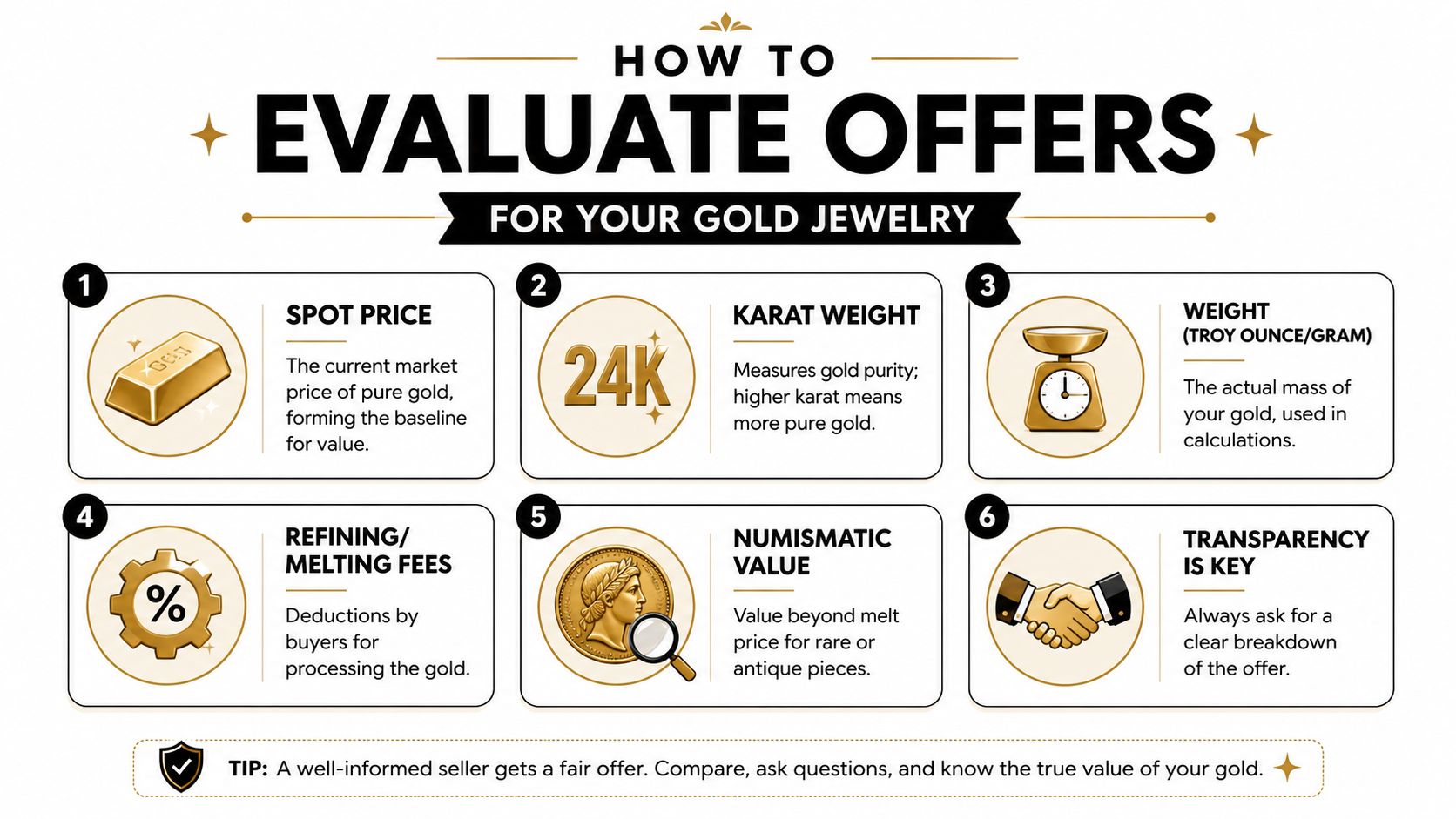 An infographic titled How to Evaluate Offers for Your Gold Jewelry explaining six key valuation factors.