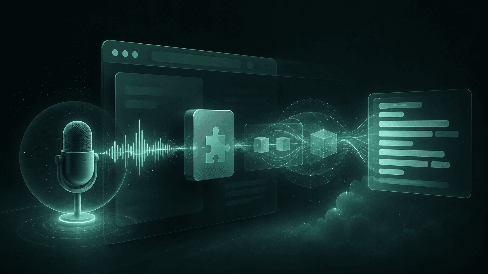 Microphone audio flows through a browser extension into transcribed text, illustrating a speech-to-text browser extension.