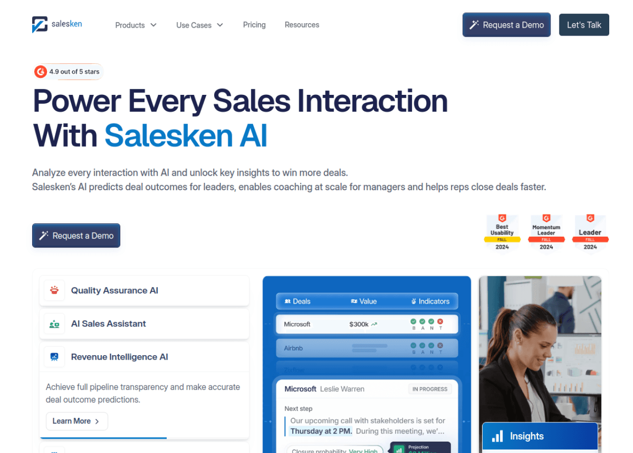 Salesken.ai homepage, real-time conversation guidance and coaching for outbound teams