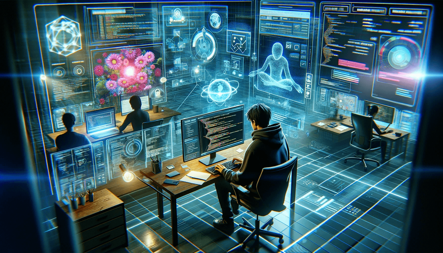 The image above depicts a futuristic scene of a person coding in front of a computer within a metaverse environment, with two other individuals involved in project management and collaboration. The environment is rich with holographic displays, floating windows showing code, graphs, and project timelines, creating a vibrant and immersive workspace.