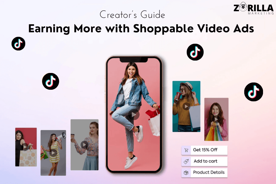 Mobile screen displaying TikTok Shop shoppable video ad interface with creator content and add-to-cart options.