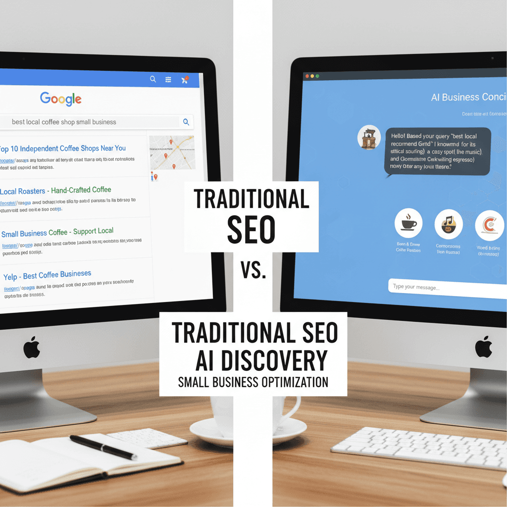 Comparison of traditional search results versus AI search engine recommendations for SEO for small business