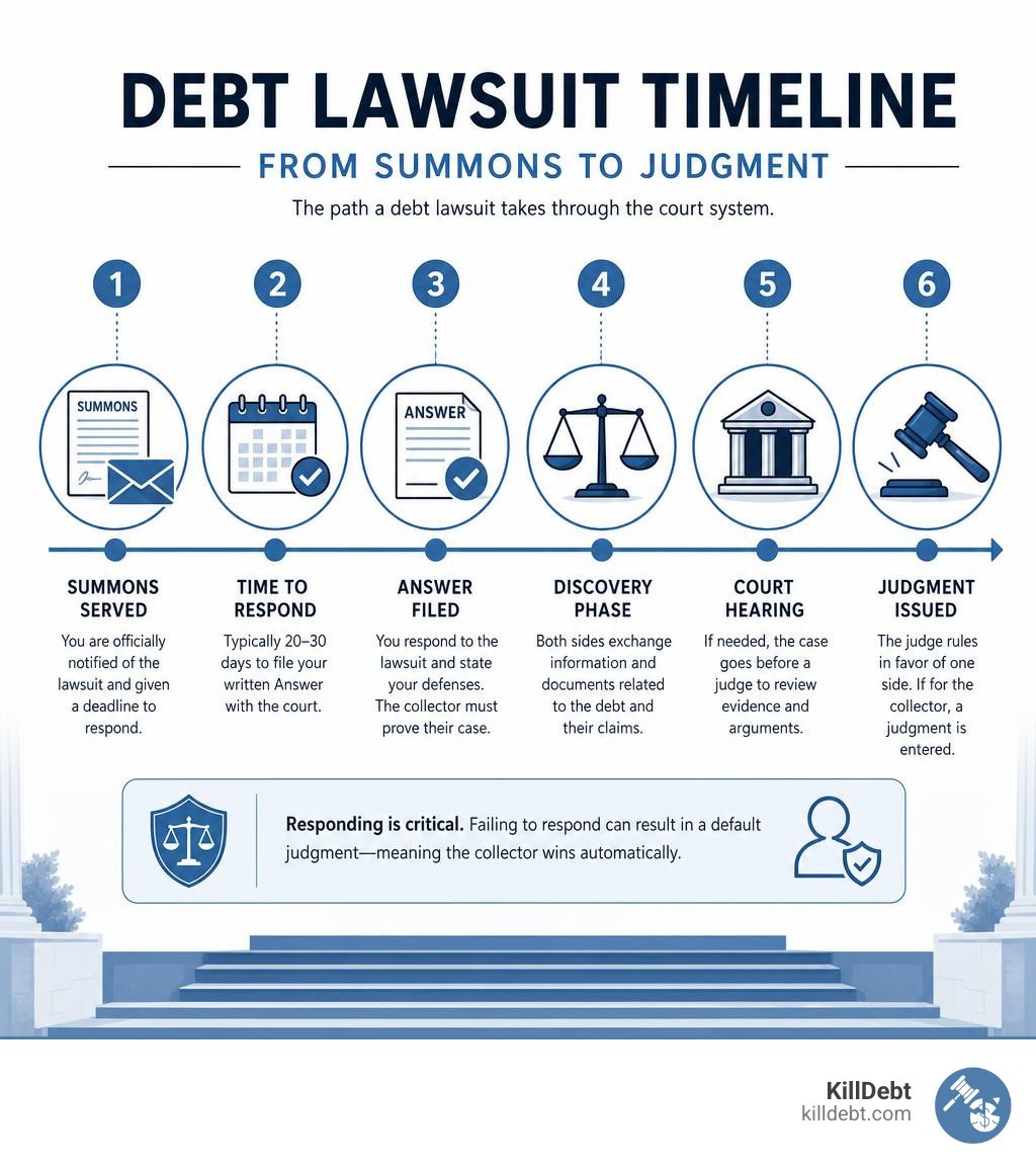 Debt lawsuit timeline from summons to judgment infographic infographic