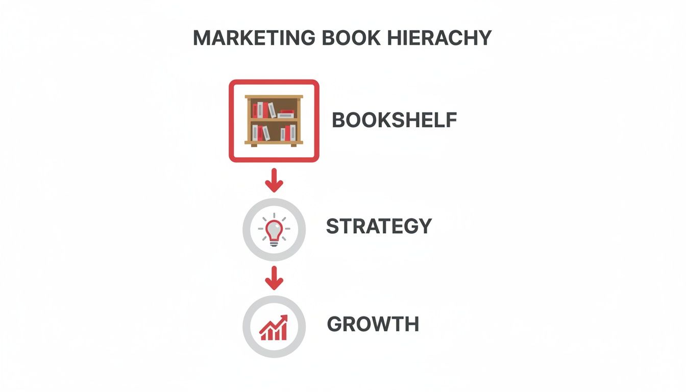 Diagram showing marketing book hierarchy from bookshelf, leading to strategy and then growth.