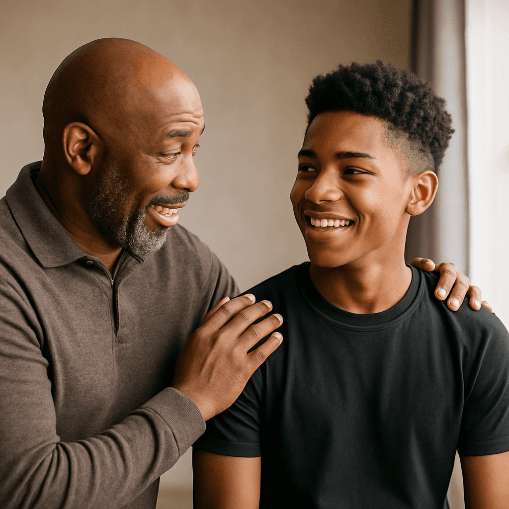 A happy bald Black man with a gray beard, wearing a polo shirt, smiles and places a reassuring hand on the shoulder of a smiling Black teenage boy with short curly hair, who looks back at him.