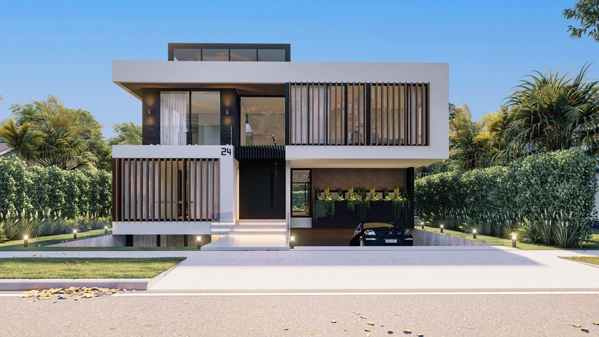 Front exterior of modern home with wood slat accents and covered parking, SW 24th Road Miami