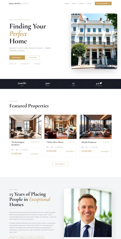 Real estate agent website prompt — clean white charcoal and gold premium property agent website design preview