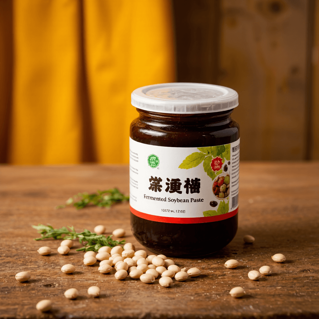 product photography of a container of fermented soybean paste used for cooking