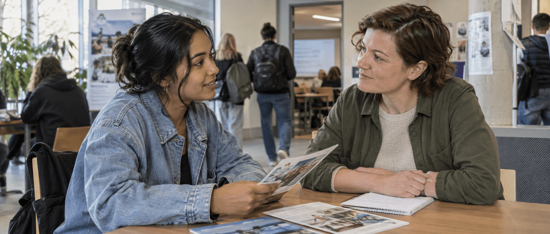 Medewerker met tablet verwelkomt een student in de hal tijdens een open dag