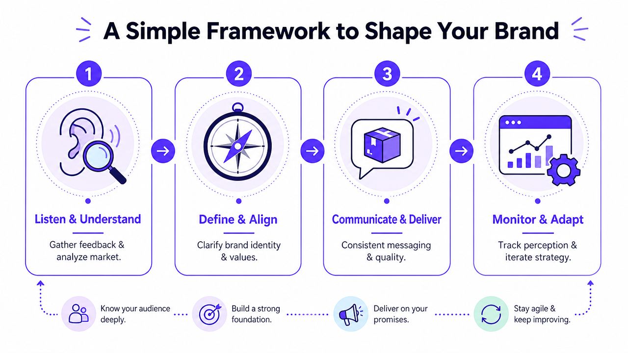 A four-step infographic illustrating a simple framework to shape your brand, including listening, defining, communicating, and adapting.