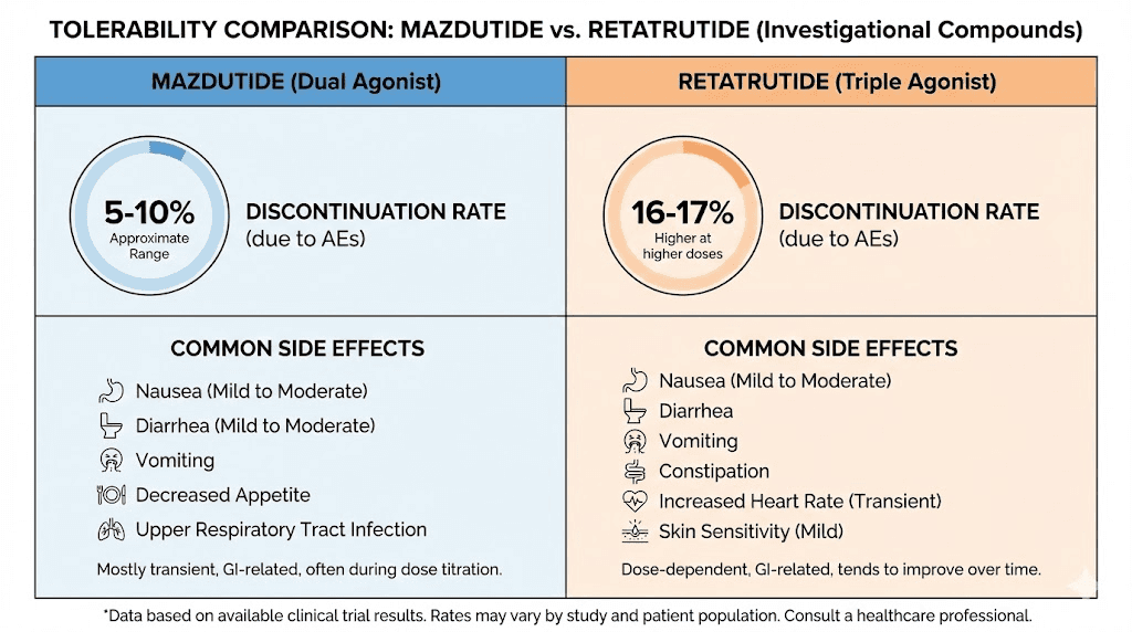 Mazdutide versus retatrutide side effects and tolerability comparison chart