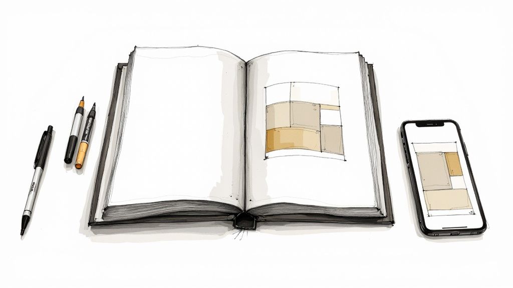 A close-up shot of a professionally designed welcome book with a clean layout and beautiful photos, resting on a stylish coffee table in a bright Airbnb.