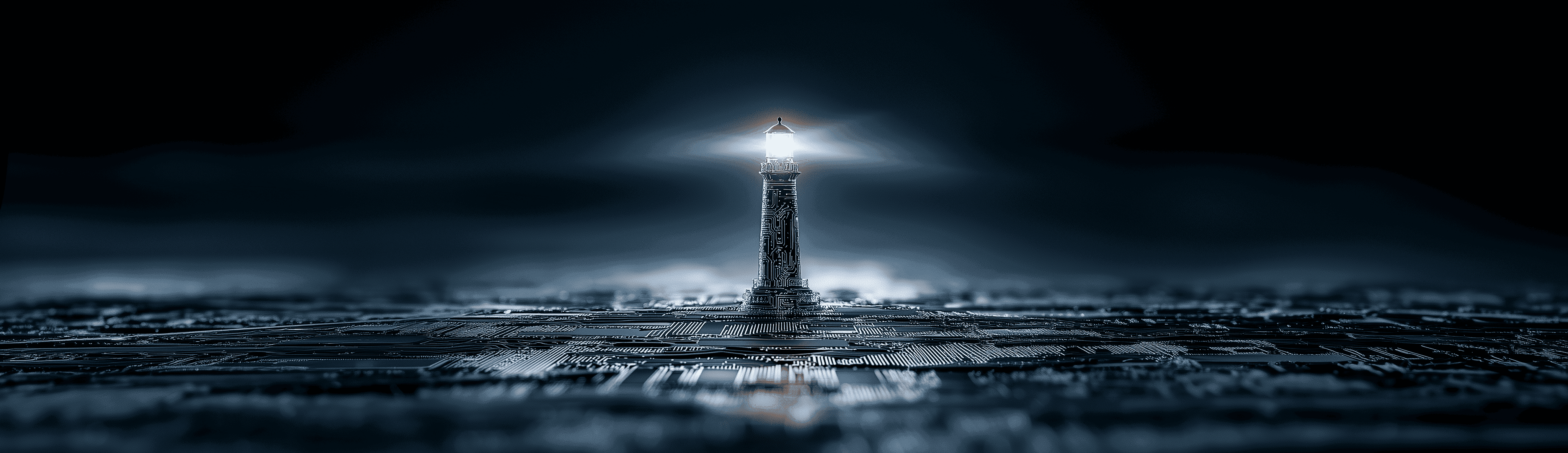 Illustration conceptuelle, sombre et futuriste d'un phare (lighthouse) au milieu d'un océan de circuits imprimés ou de microprocesseurs, symbolisant le guidage stratégique dans le monde digital. La structure du phare, détaillée et métallique, émet un faisceau de lumière intense, perçant l'obscurité. Le sol est une immense carte mère électronique noire et argentée, reflétant la lumière.