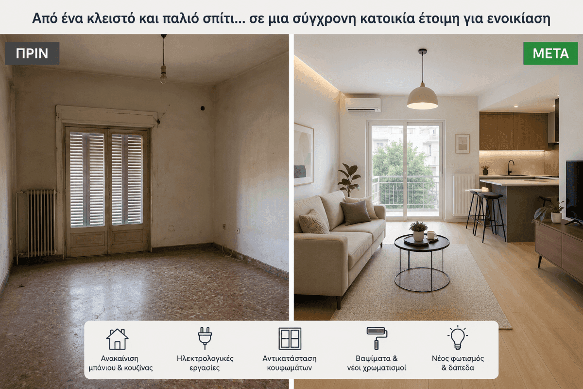 Ανακαίνιση διαμερίσματος πριν και μετά μέσω του προγράμματος Ανακαινίζω και Νοικιάζω 2026 με νέα κουζίνα, δάπεδα, φωτισμό και ενεργειακή αναβάθμιση