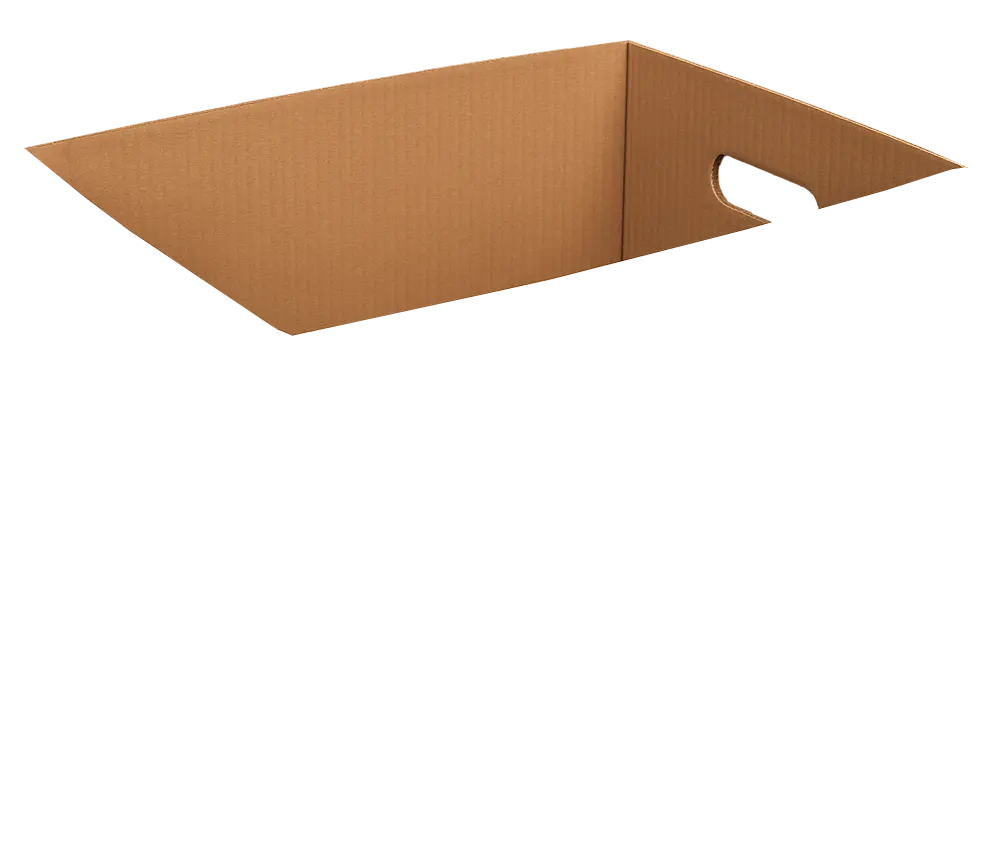Vue arrière d’une boîte en carton kraft ouverte, montrant la poignée découpée et la texture ondulée du carton.