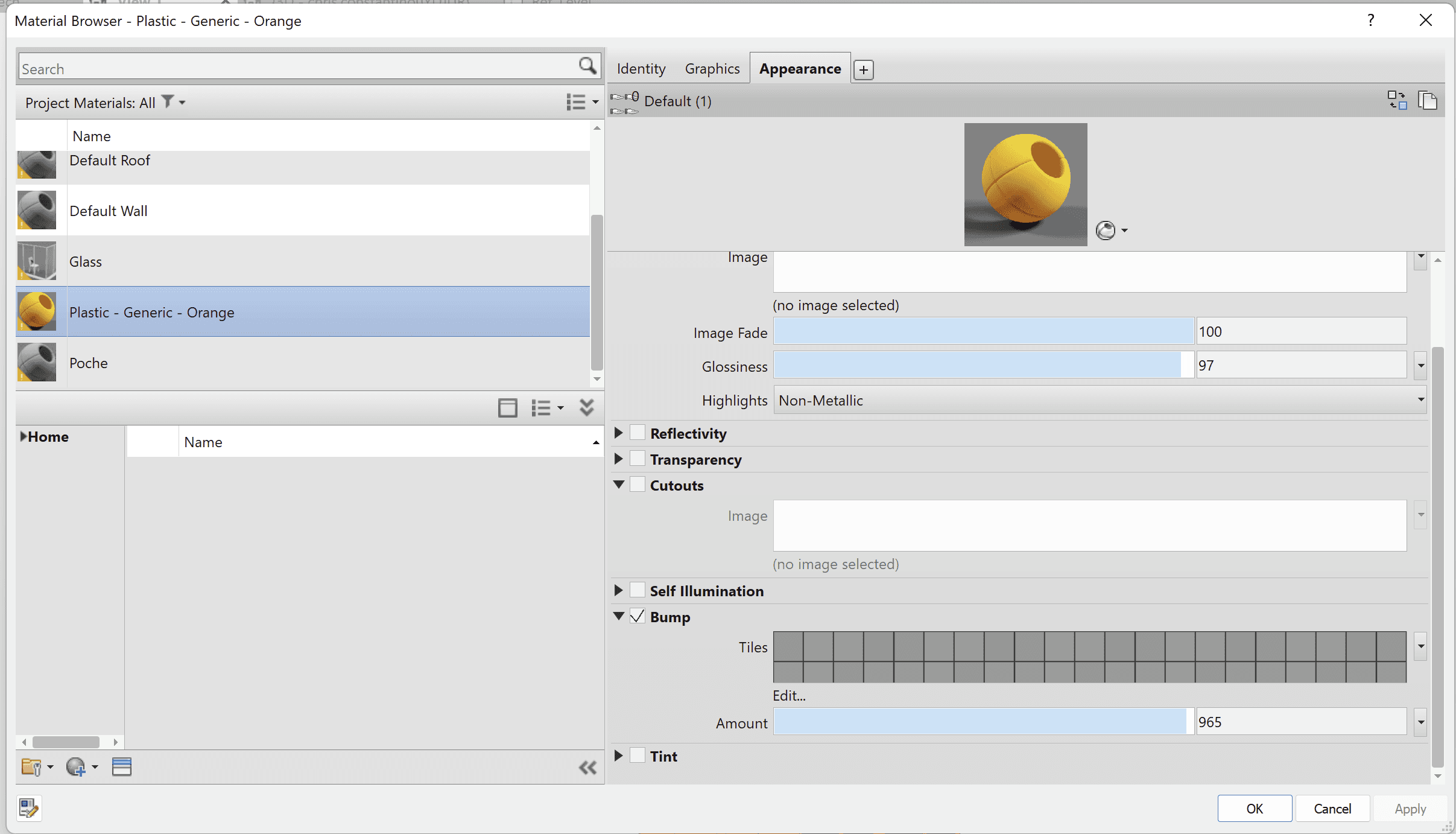 New orange plastic material was created but still with “Default (1)” as the asset name - it has a heavy tiled bump.