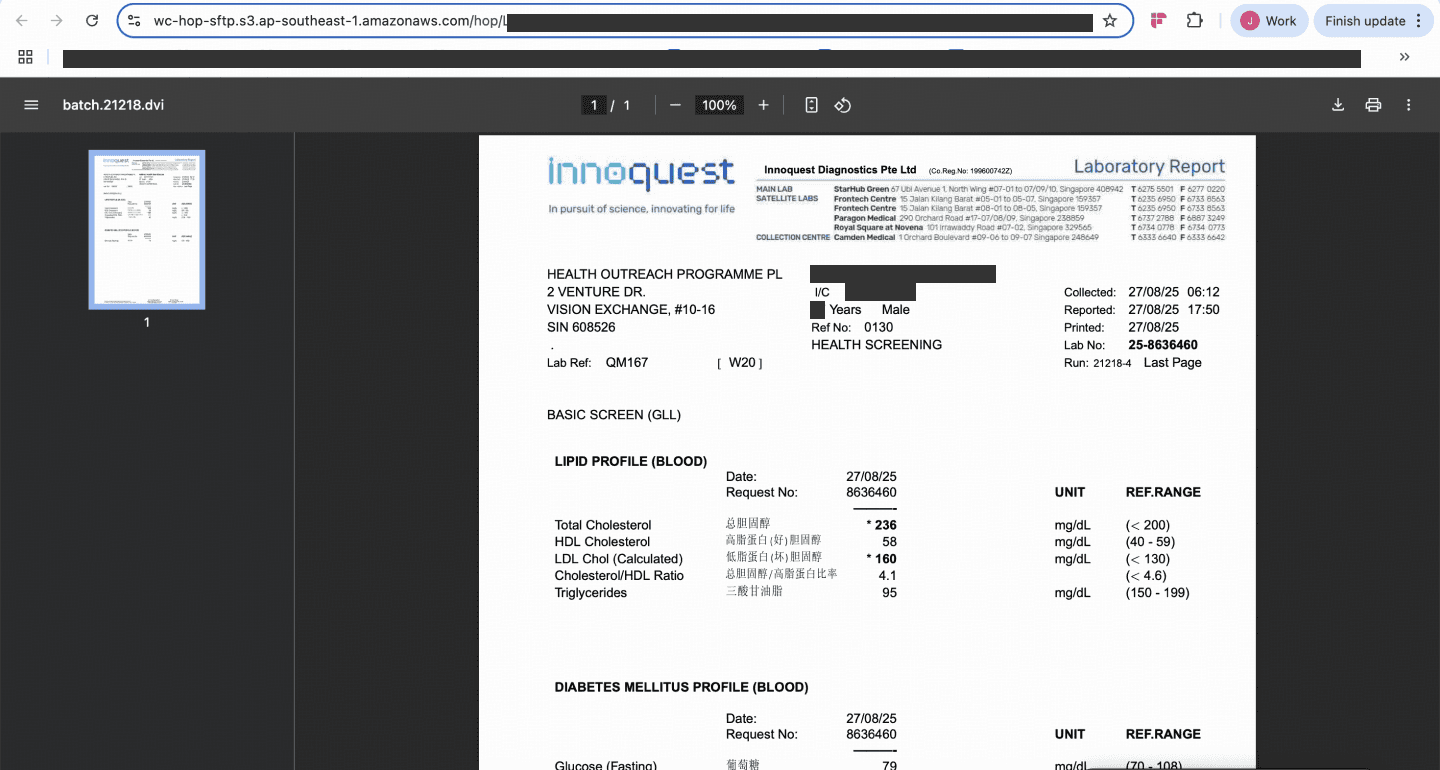 View original report showing the scanned lab report PDF