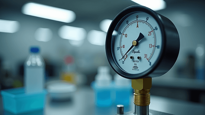 Eye-level view of a pressure gauge being calibrated in a lab