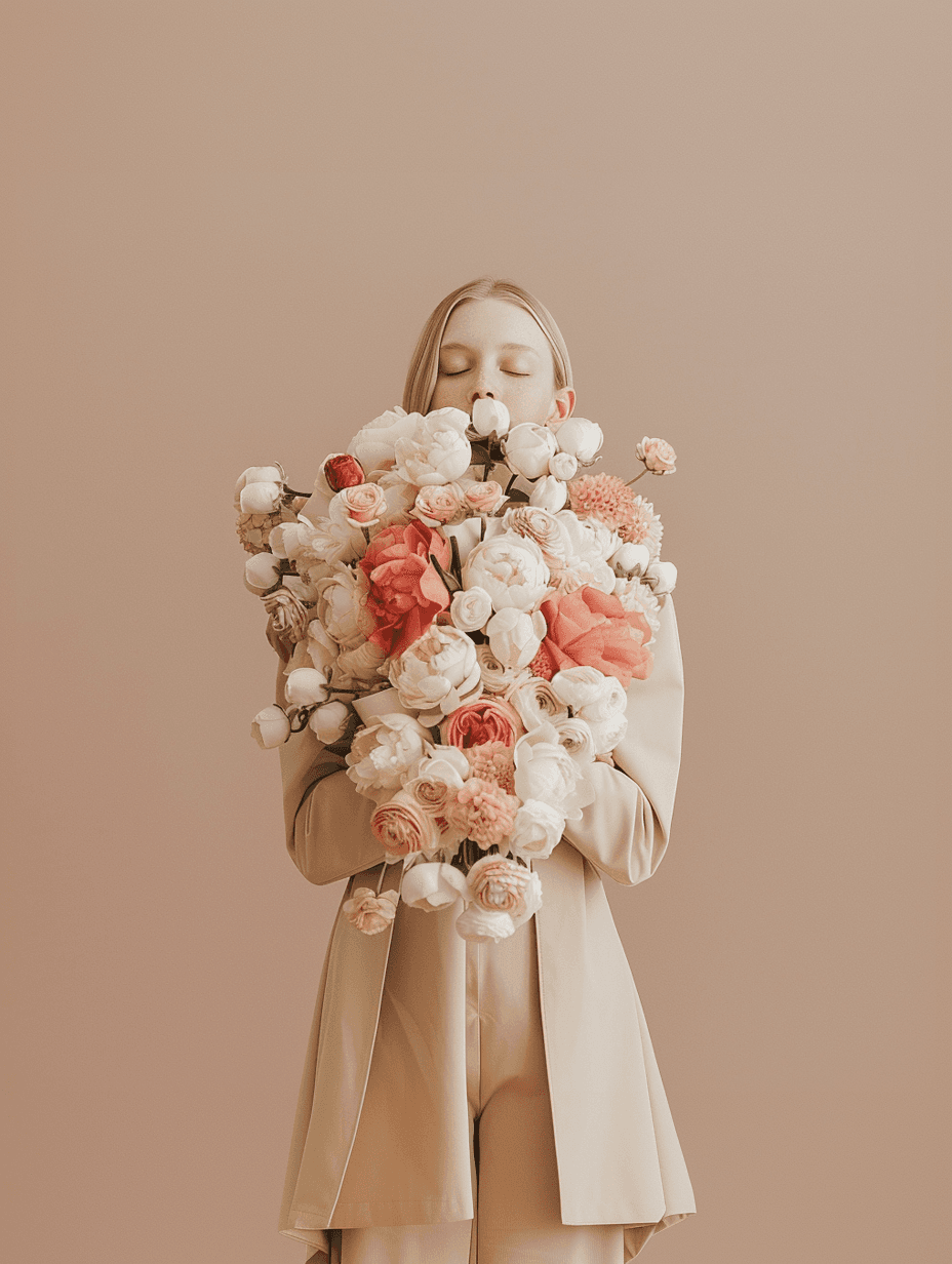  a cinematic shot of a woman holding a banquet of flowers 