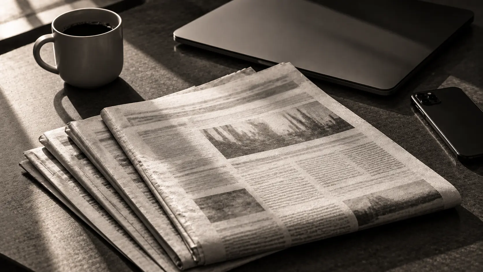 Freshly printed business newspapers beside a coffee cup, a closed laptop and a phone