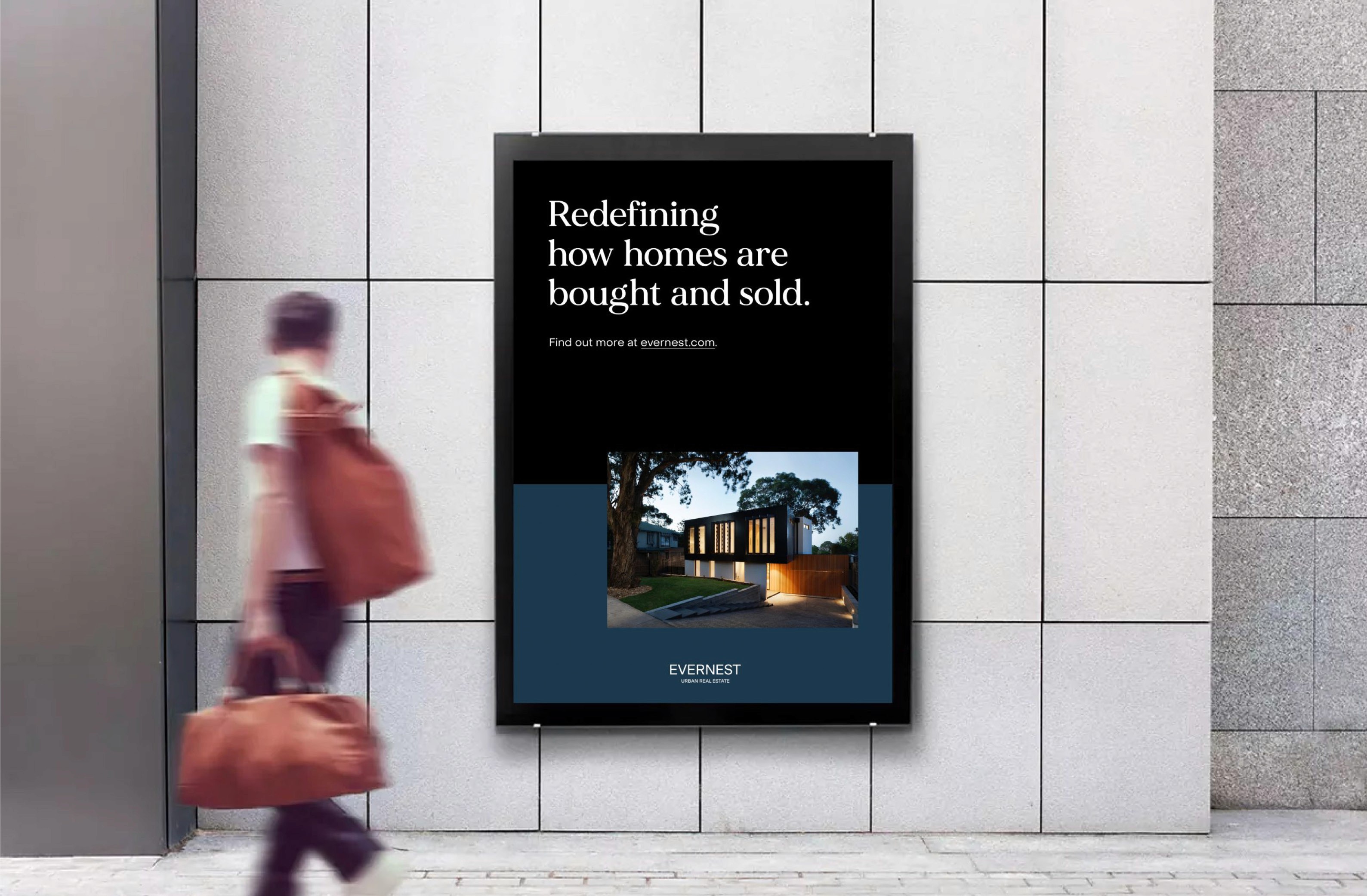 Advertising post featuring the tagline "Redefining how homes are bought and sold" with a modern home image, set against an urban backdrop.
