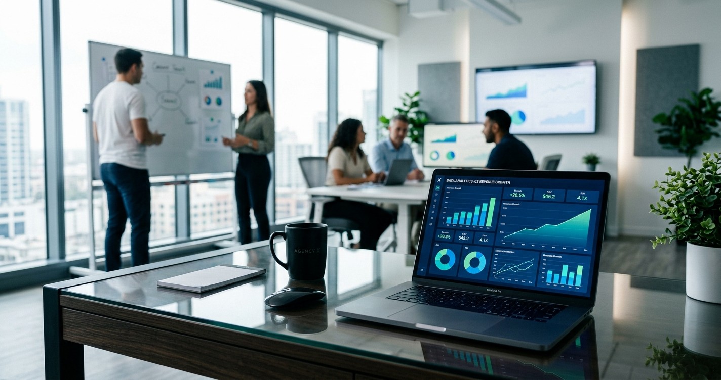 Escritório moderno de uma agência de marketing de performance focada em escalar faturamento em 2025