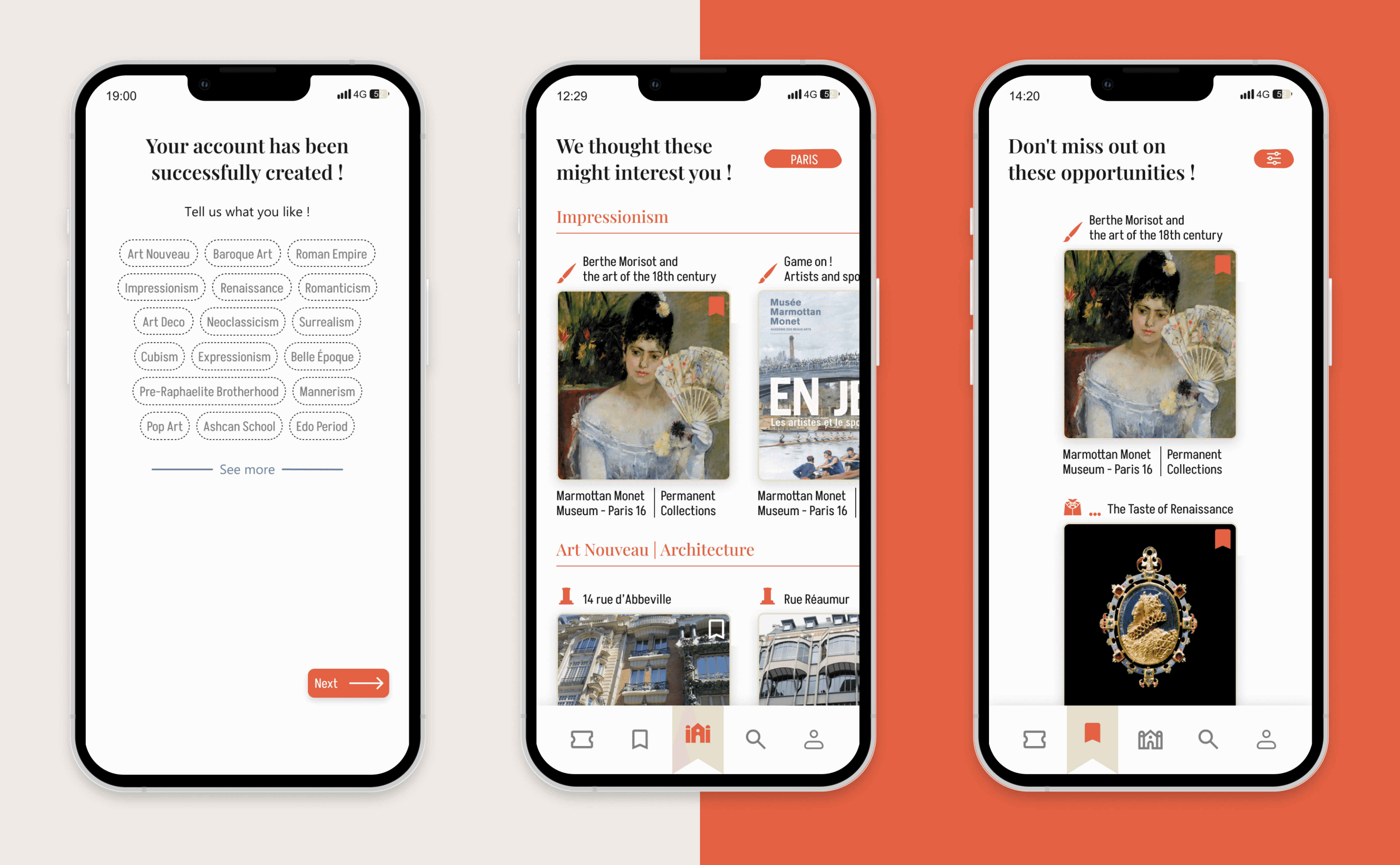 Une série de trois iPhones affichant chacun un écran de l'application : la sélection des préférences à gauche, l'écran d'accueil au centre et la page des favoris à droite.