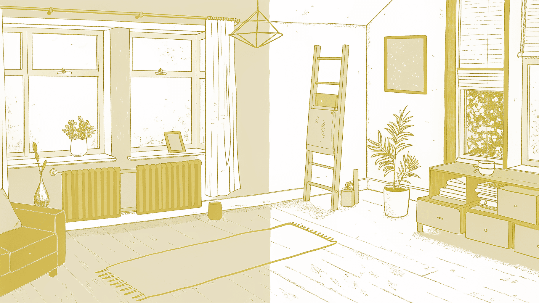 Pilates reformer dominating a small London flat versus a clear open living room