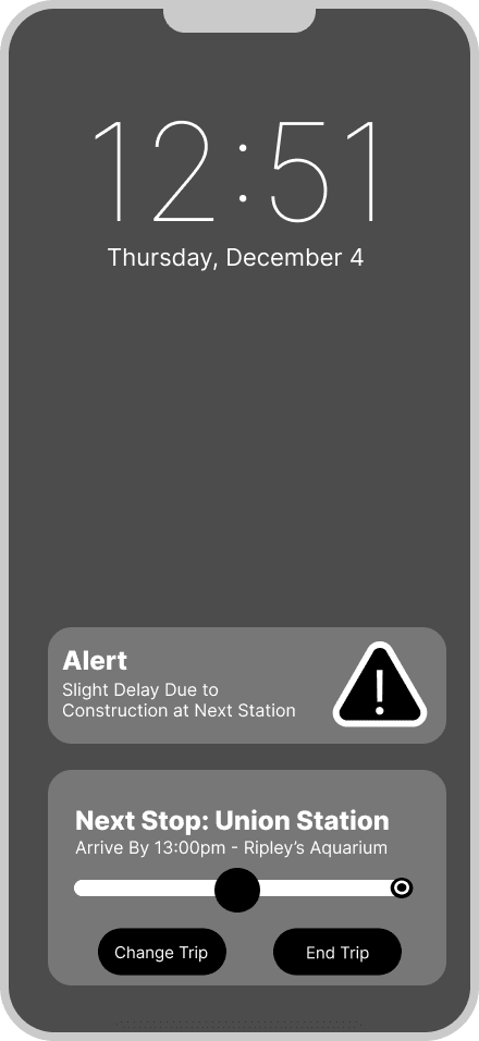 Live trip screen with a delay alert, next stop information, and Change Trip and End Trip buttons.