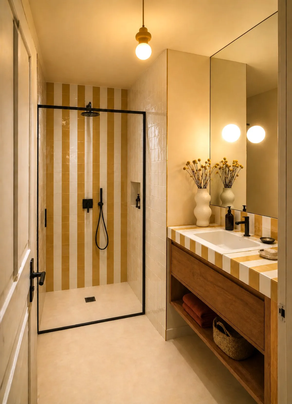 Salle de bains rénovée dans un appartement des Hauts-de-Seine, carrelage à rayures jaune et blanc, meuble vasque en bois ouvert et robinetterie noire mate