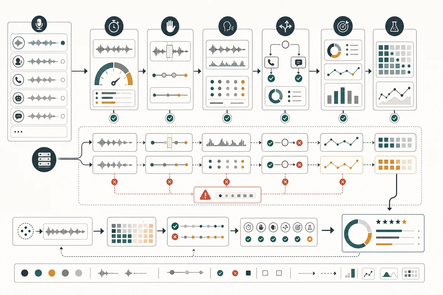 Call quality test bench showing latency clarity and fallback checks