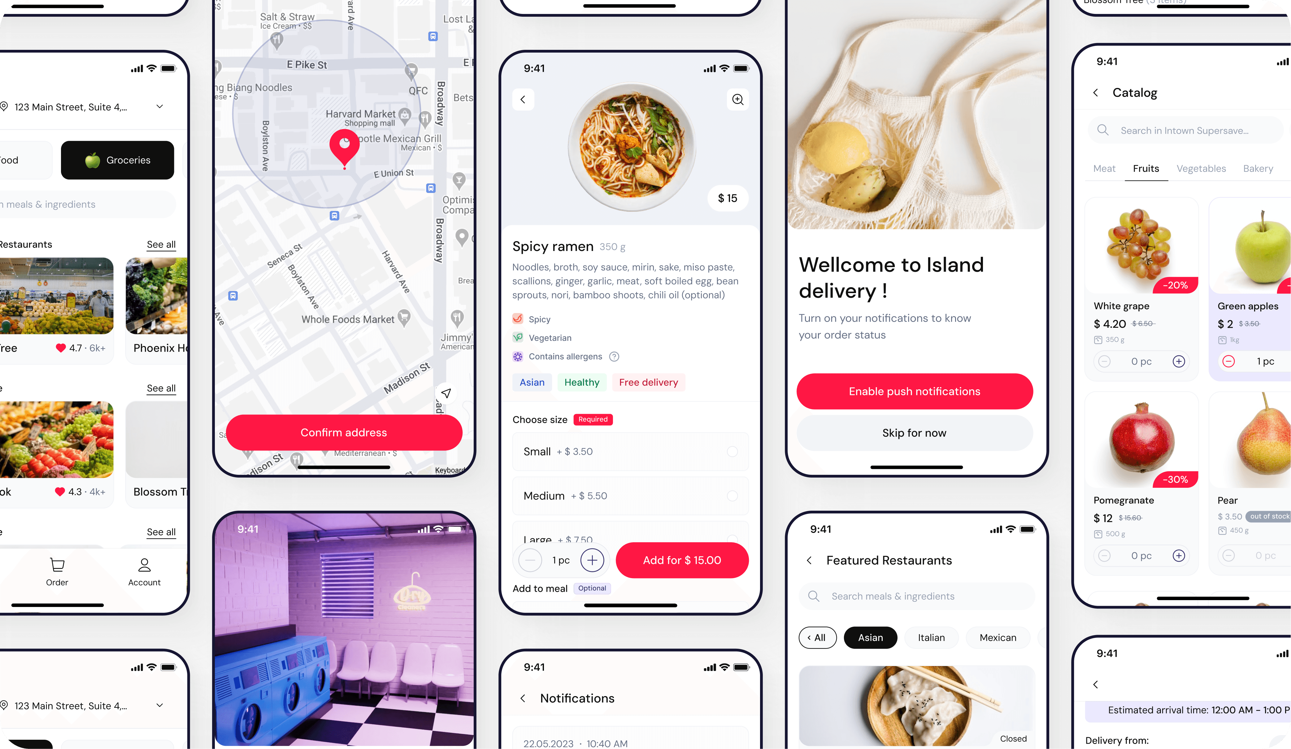 Multiple app screens showcasing food dishes and options in a sleek, modern interface with vibrant colors.
