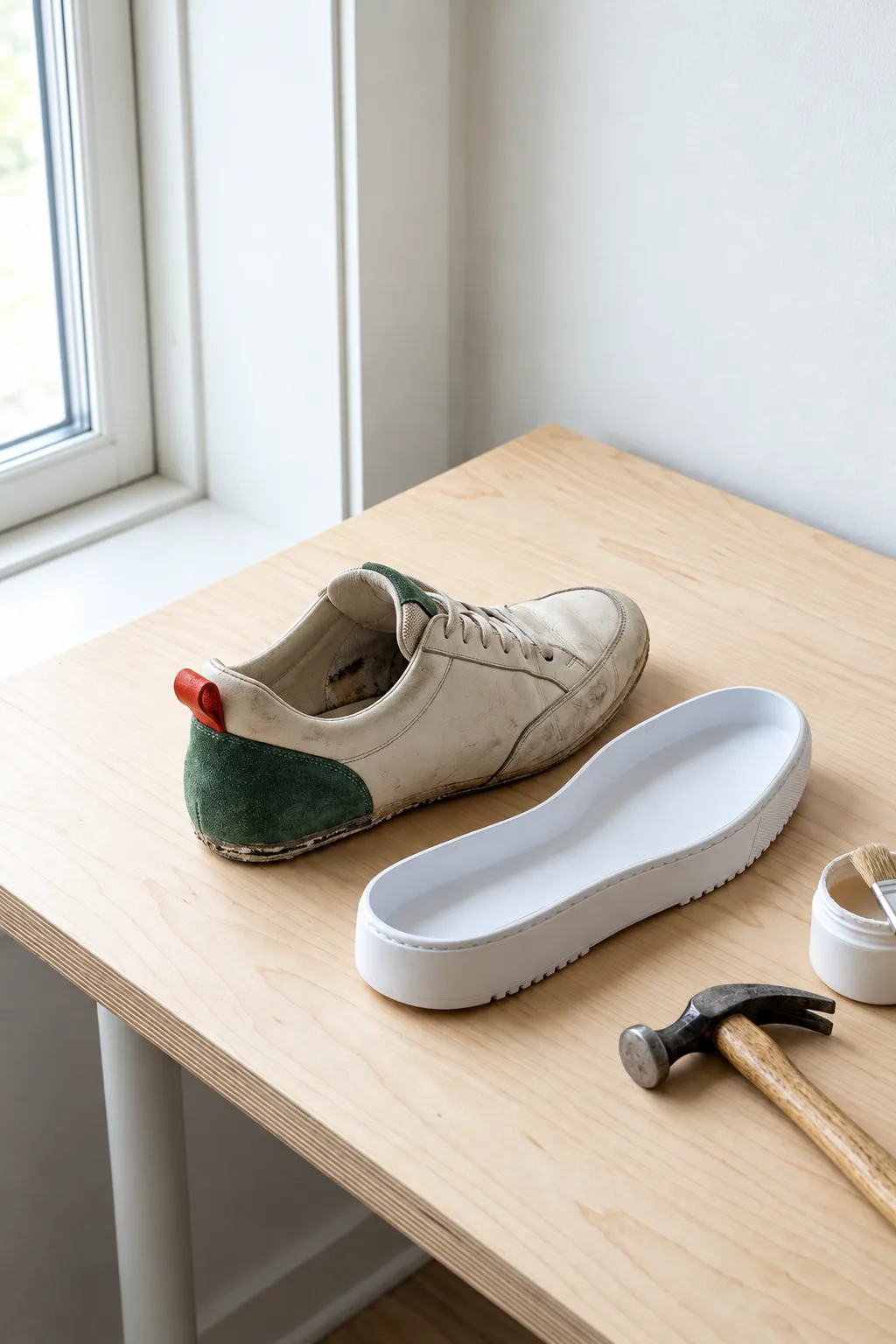 A worn Court 78 beside its new sole, ready to be resoled