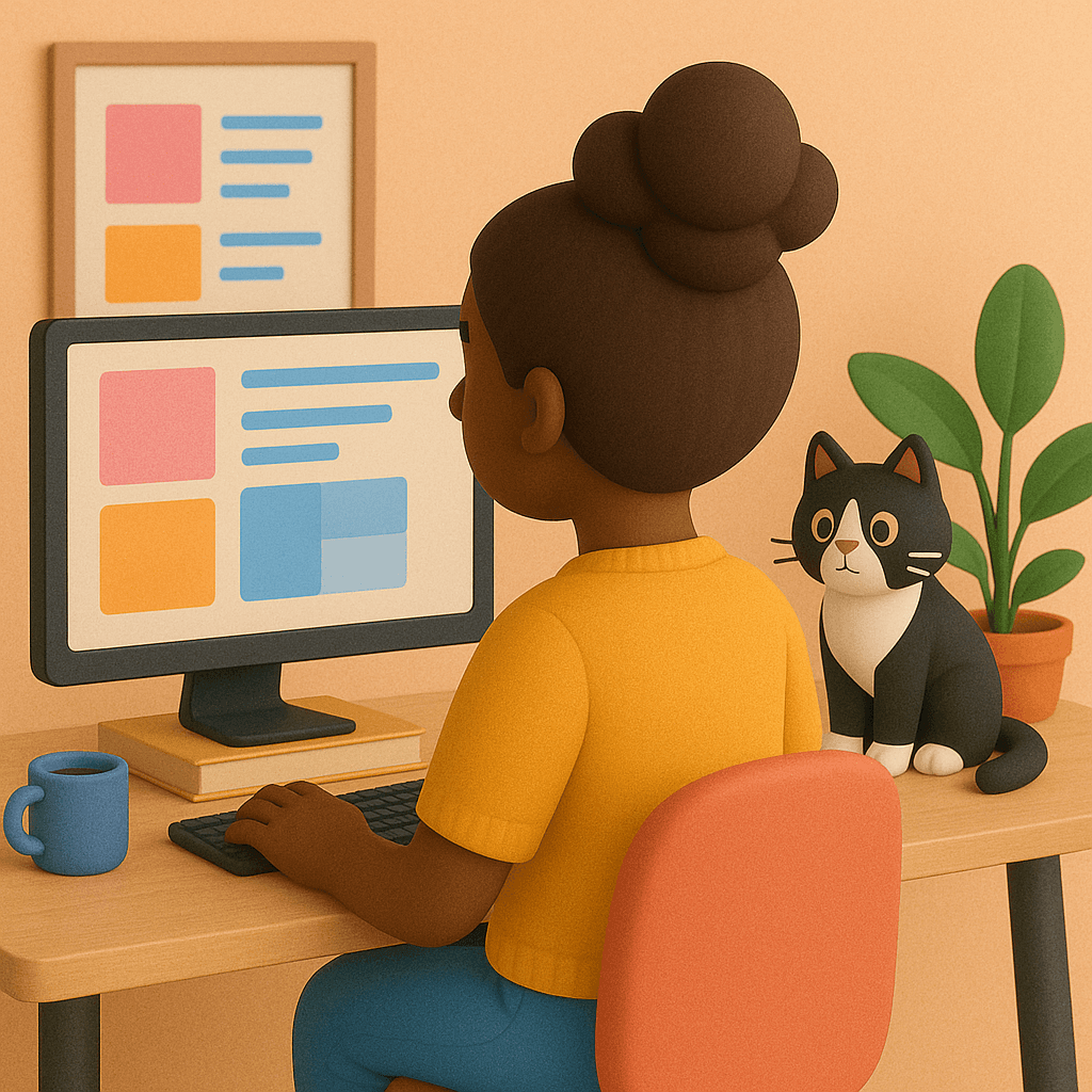 A clay-style illustration of a woman with a bun sitting at a desk, working on a desktop computer displaying a colorful UI layout. A black-and-white cat sits beside her, and a framed design mockup is on the wall behind.