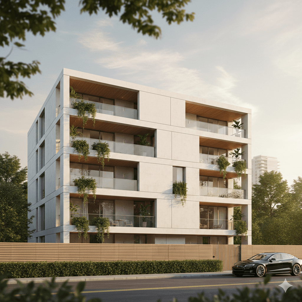 Modern four-story apartment building with large balconies and abundant greenery. A sleek car is parked in front. The scene is bathed in warm sunlight.