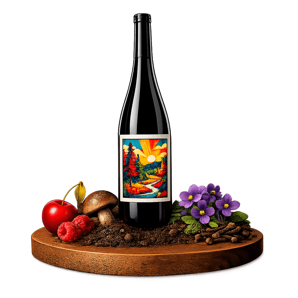 Artistic label and flavor profile for Codru Pinot Noir on a rustic wooden table.
