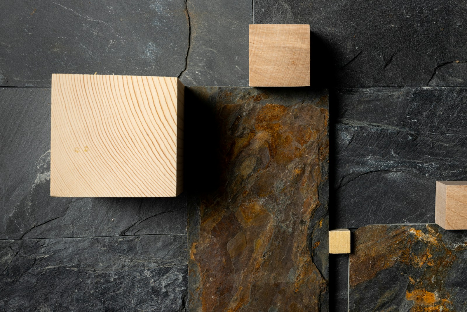 Stone and wood material palette for interior design