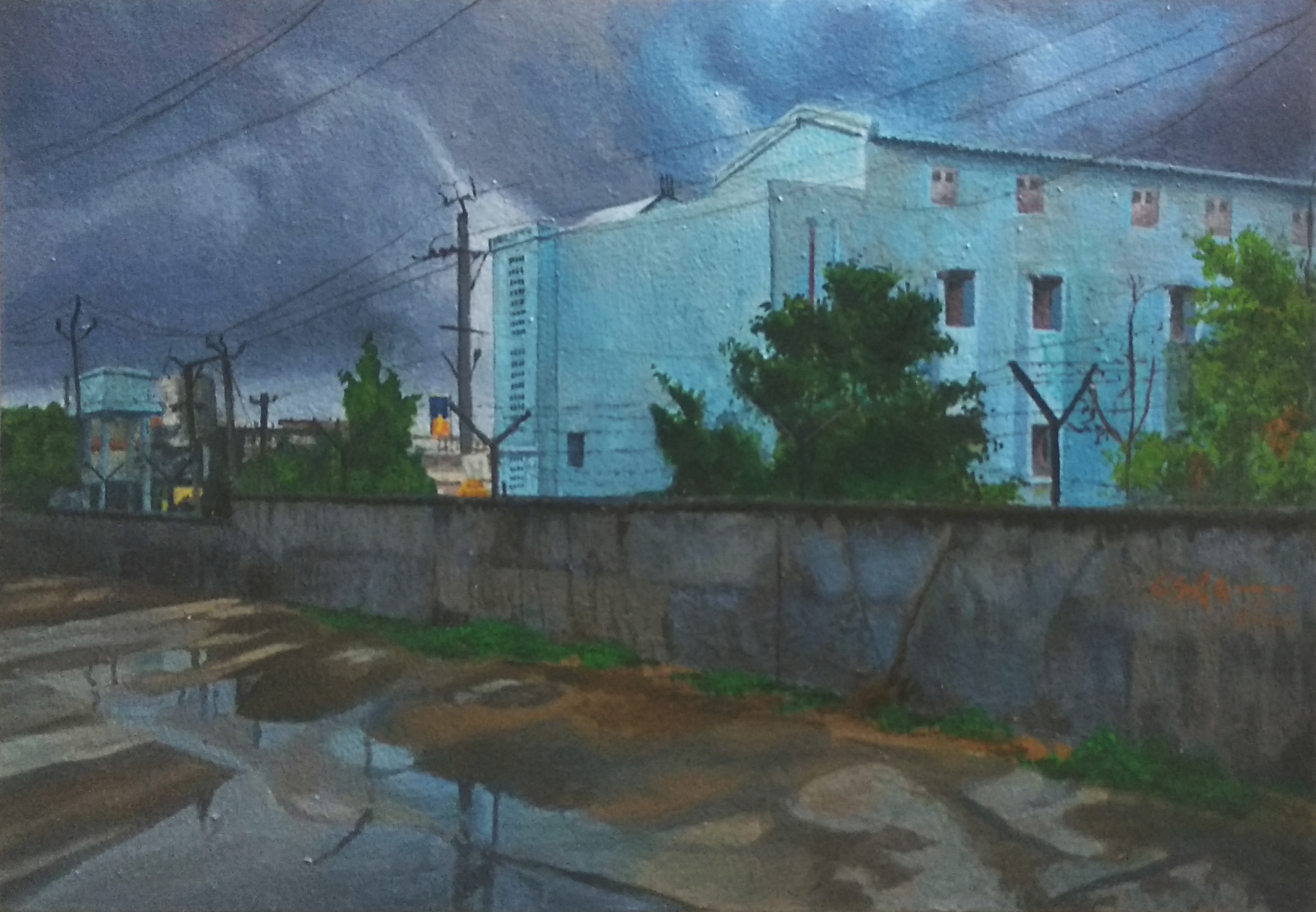 herd of sheep on road painting