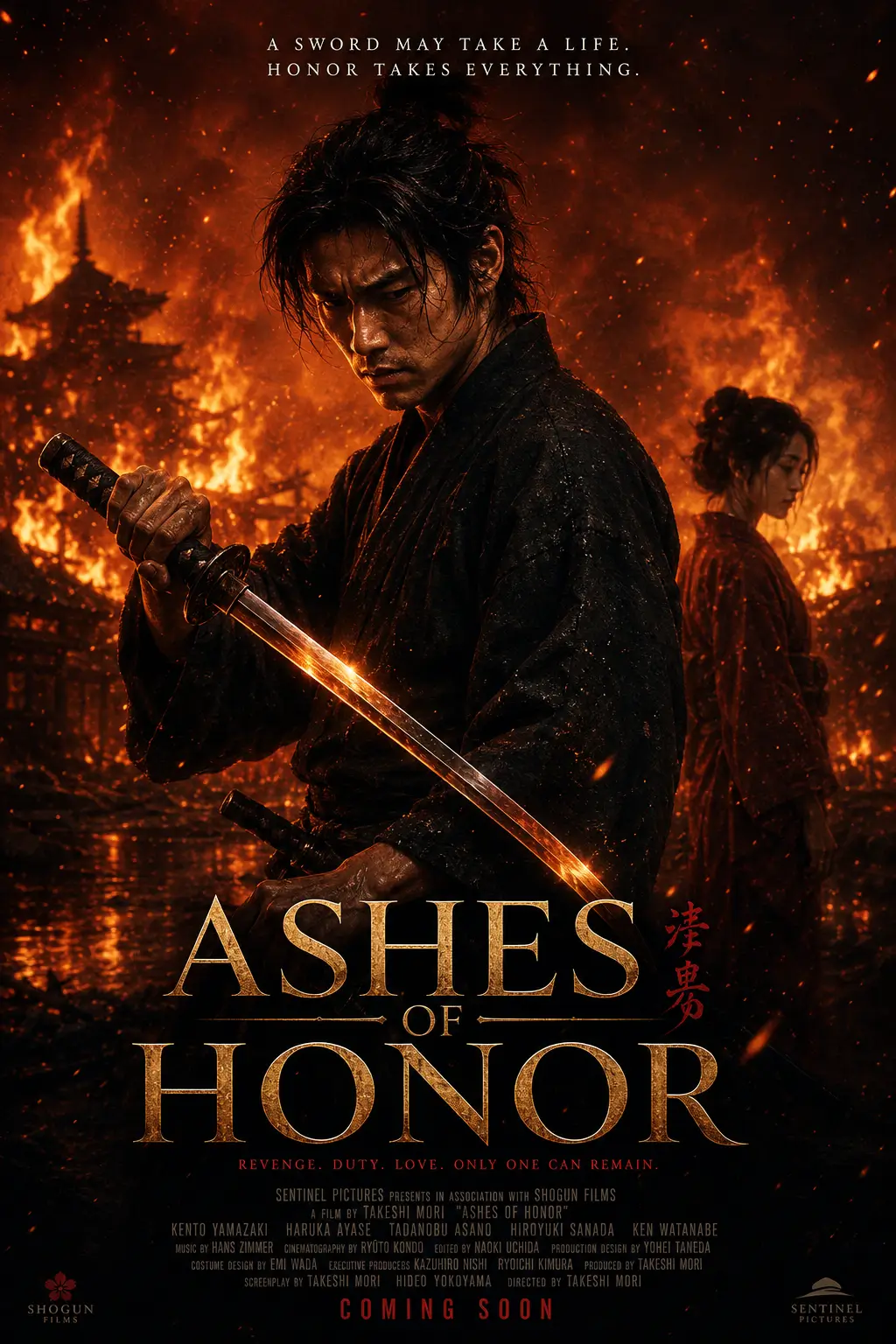 AI-generated action poster of a swordsman standing amid fire and smoke, with glowing embers filling the battlefield.