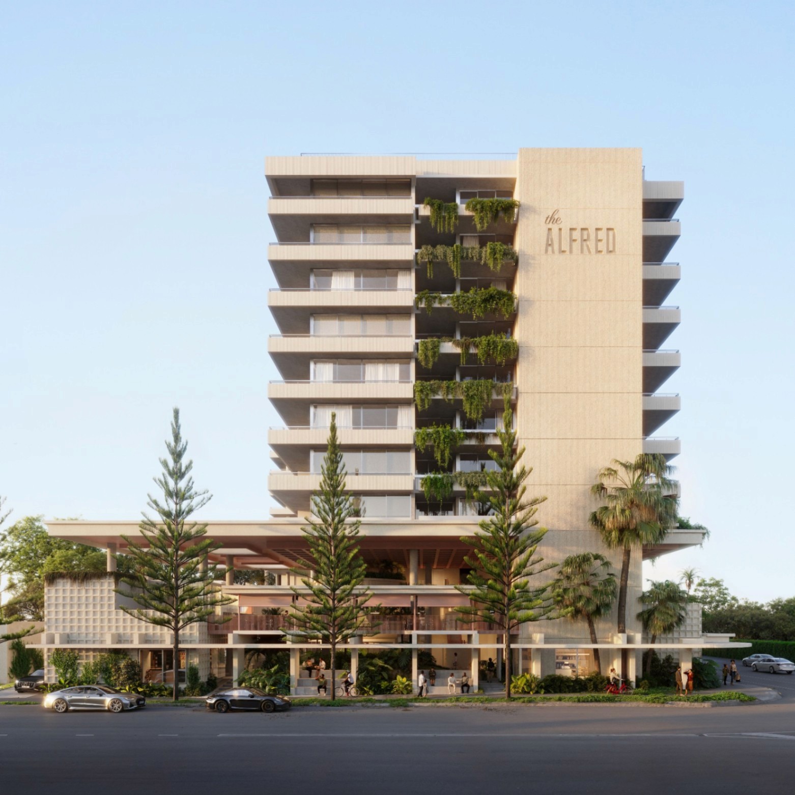 Exterior view of The Avenues by Deicorp in Zetland, showing modern apartment buildings surrounded by trees and landscaped streets in inner-city Sydney.